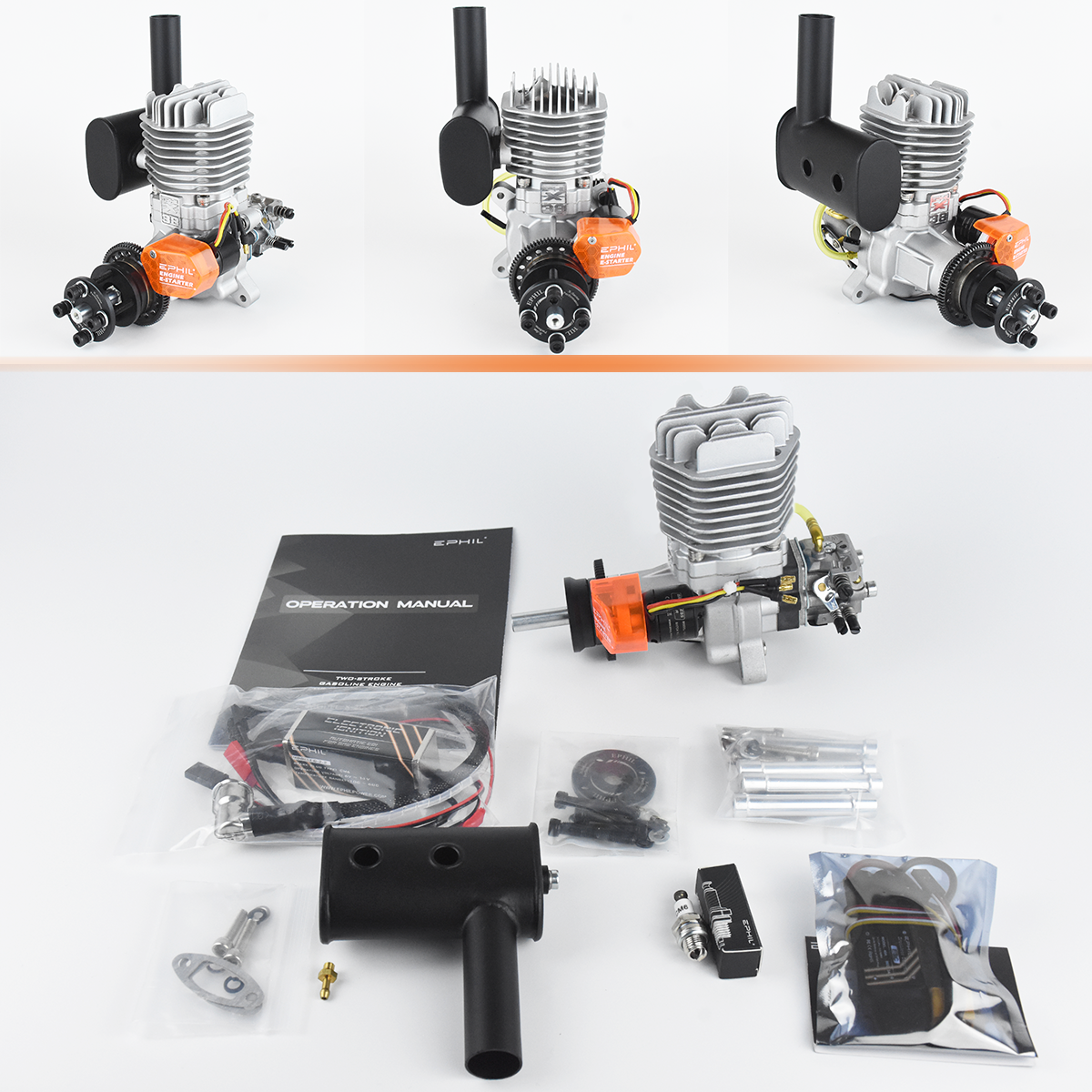 Motor de gasolina EPHIL X-Series 38cc-S Pro con arranque electrónico; Bujía y encendido electrónico